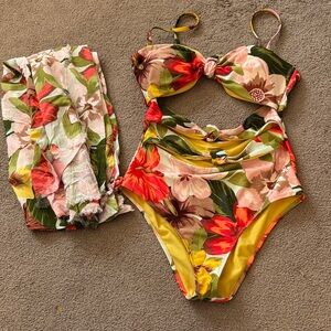 Aerie Yellow Floral One-Piece Swimsuit and matching kimono